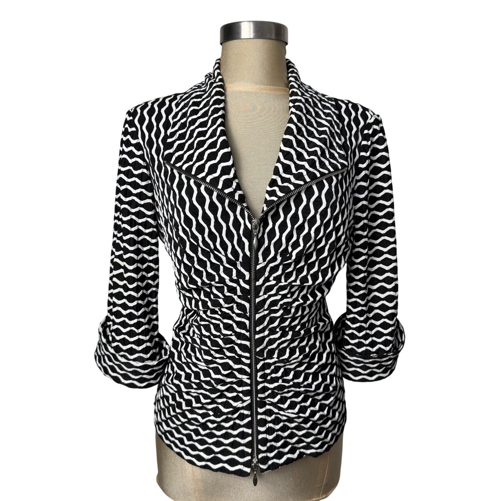 Joseph Ribkoff Black White Wavy Textured Zip Up Jacket Size 8